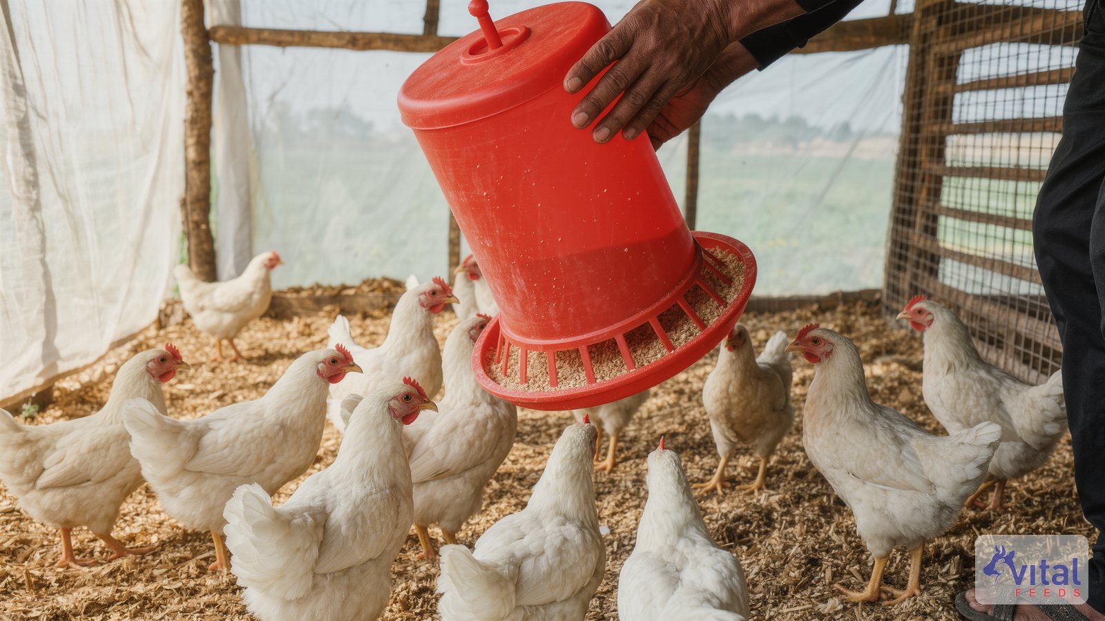A farmer checking a feeder and the flock inside a poultry shed, part of a daily mortality and health check