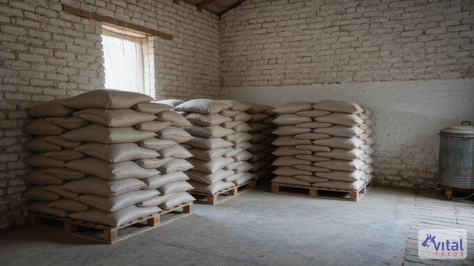 Illustration: feed bags stacked on pallets in a dry farm store, how to keep calf starter fresh