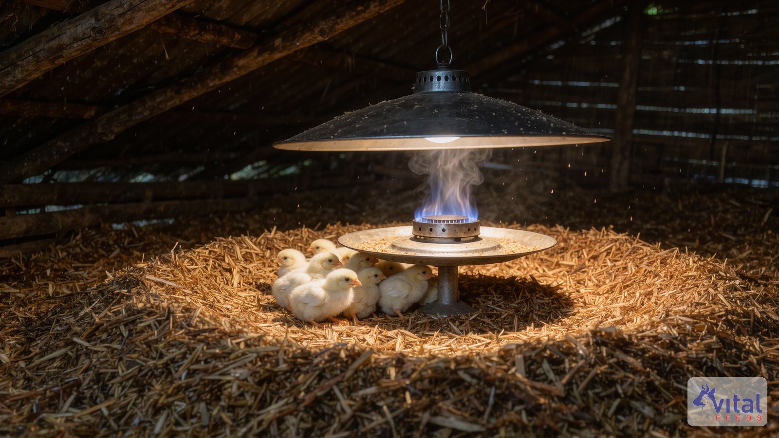 Gas brooder heater with a clean blue flame warming broiler chicks on dry litter in a Pakistani poultry shed