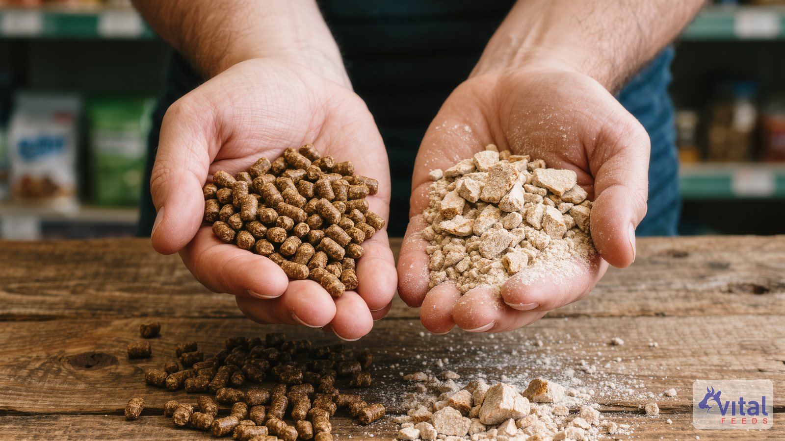 Two hands comparing firm feed pellets with broken pellets and dust, a simple way to check feed quality