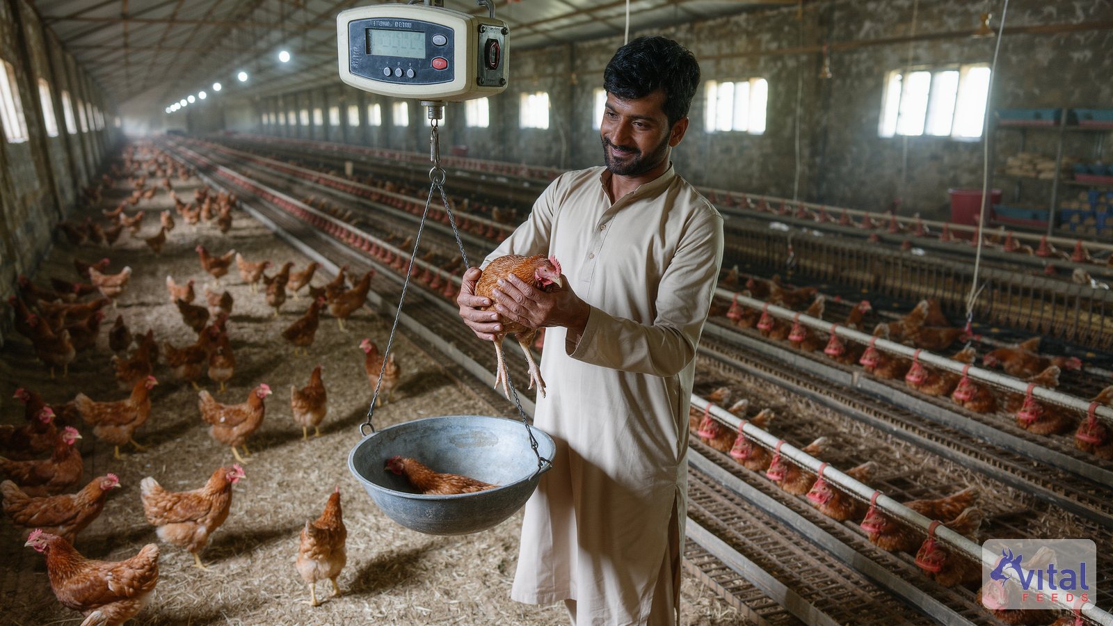 Illustration: a farmer weighing a layer pullet on a hanging scale in a poultry shed before the flock starts laying