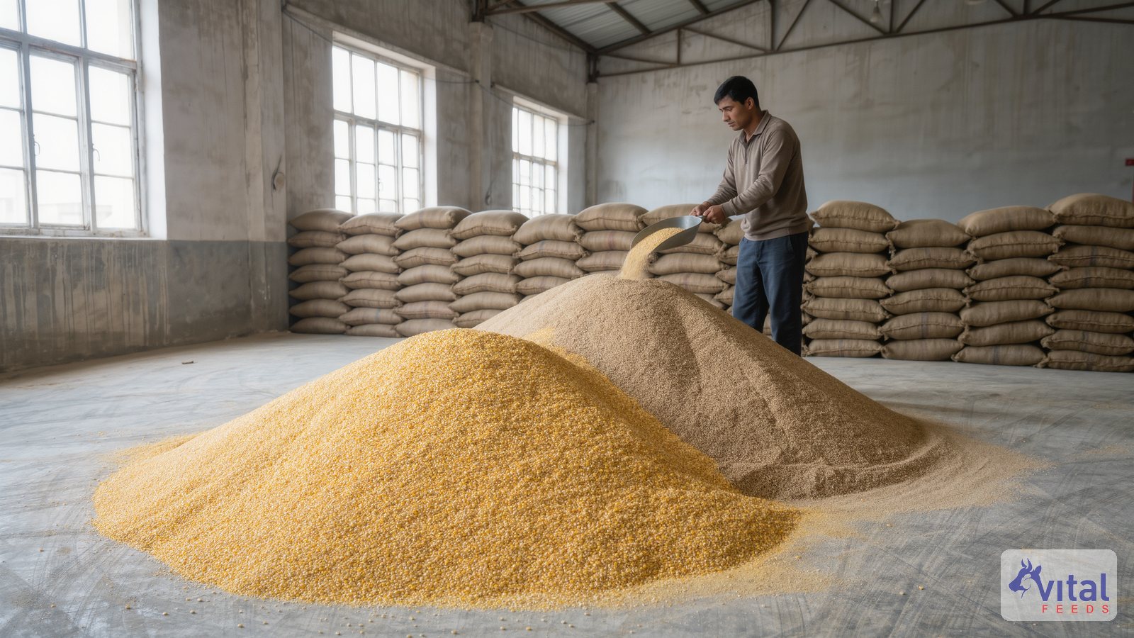 Illustration: maize and soybean meal, the main raw ingredients used in a commercial layer feed ration