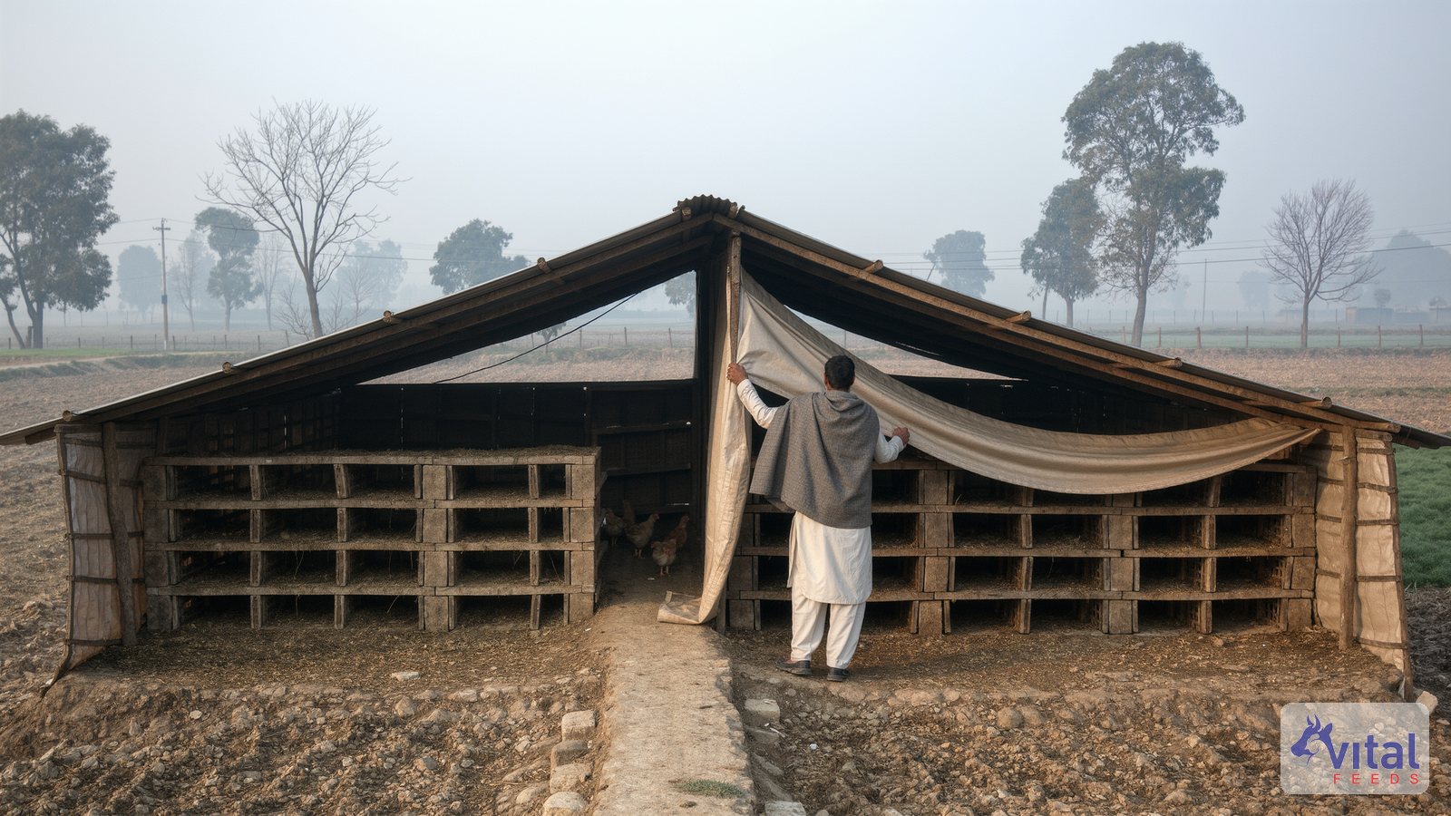 A farmer opening a curtain on an open-sided poultry shed on a cold, misty winter morning in Punjab