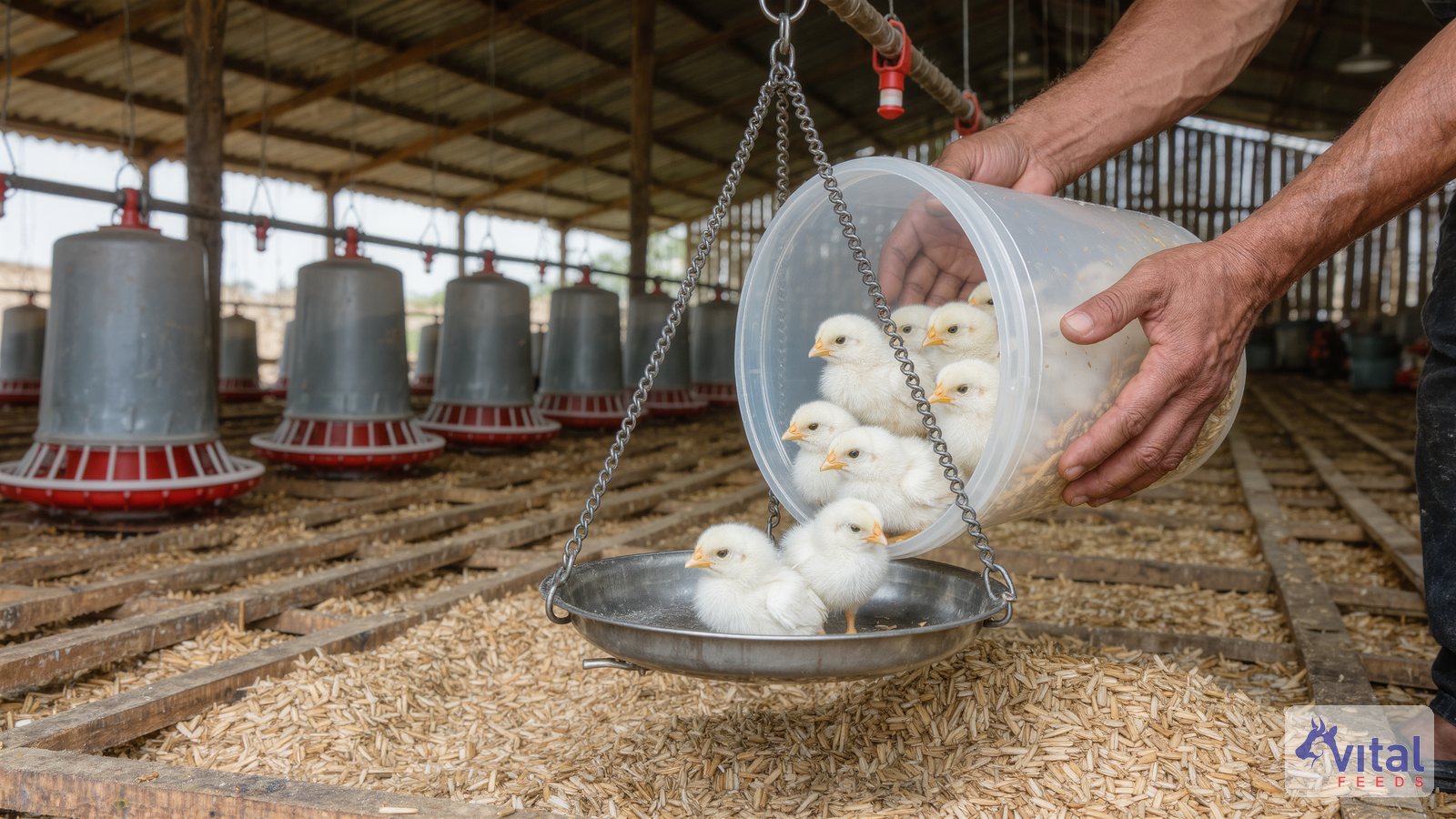 A farmer tipping young chicks onto a hanging pan scale inside a poultry shed to check seven-day body weight
