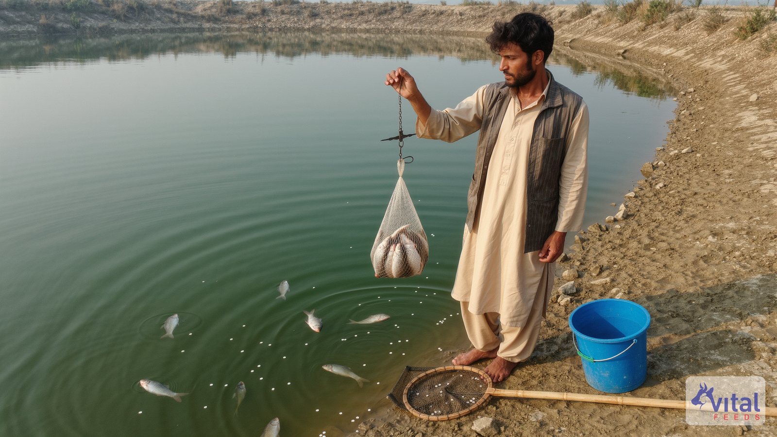 Farmer weighing a netted sample of pond fish to calculate the daily fish feeding rate