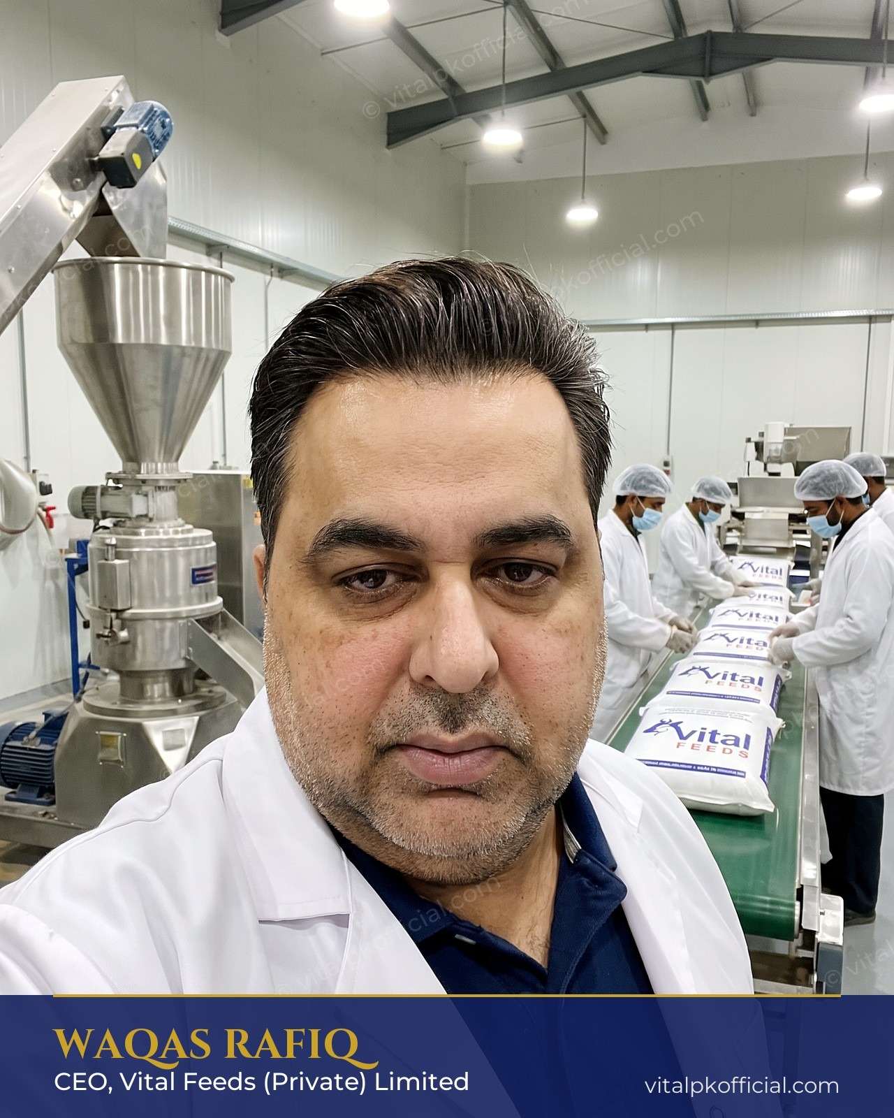Waqas Rafiq, CEO of Vital Feeds (Private) Limited, on the feed production floor at the Vital Feeds mill, Arifwala, Pakistan