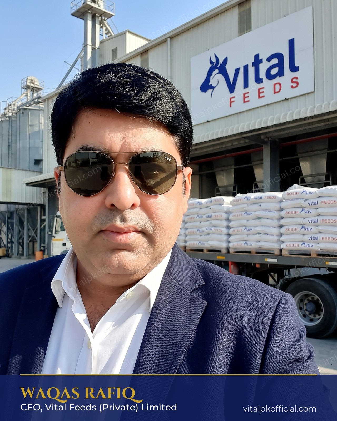 Waqas Rafiq, CEO of Vital Feeds (Private) Limited, outside the Vital Feeds feed mill in Arifwala, Pakistan
